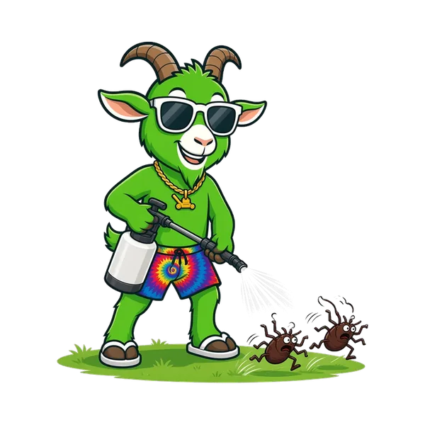 Green Goat mascot treating the lawn for fleas and ticks