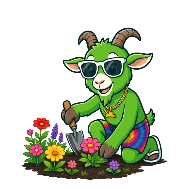 Green Goat mascot tending a flower bed
