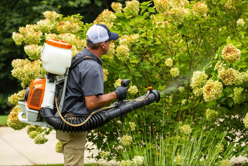 Technician fogging shrubs for mosquito control