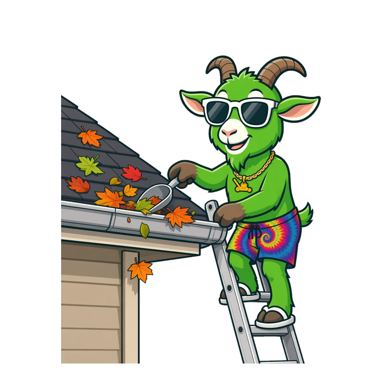 Green Goat mascot cleaning a gutter