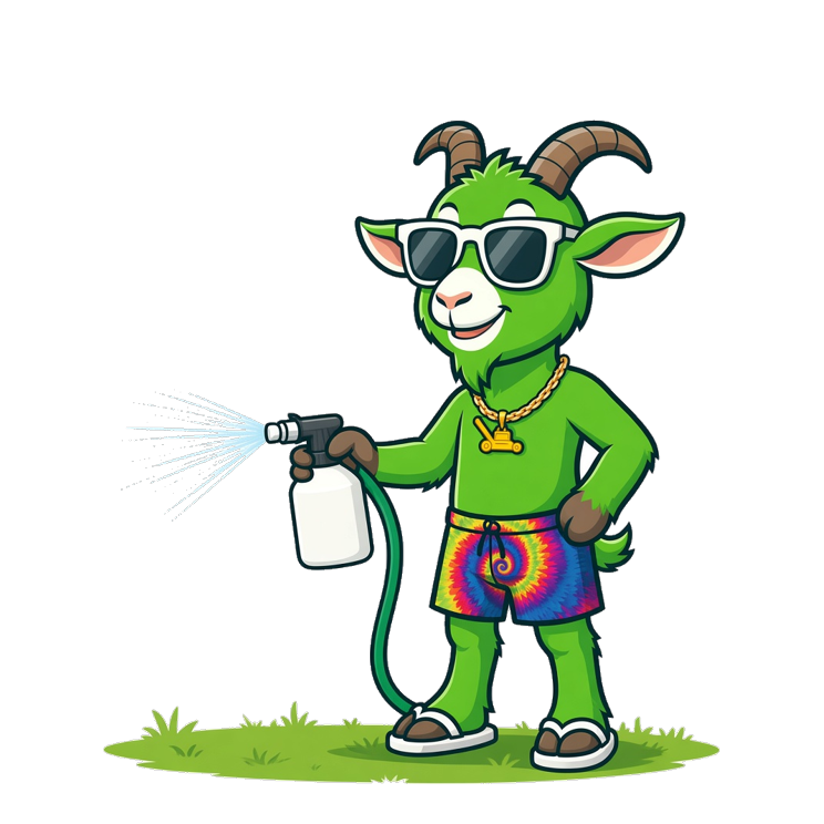 Green Goat mascot applying liquid aeration