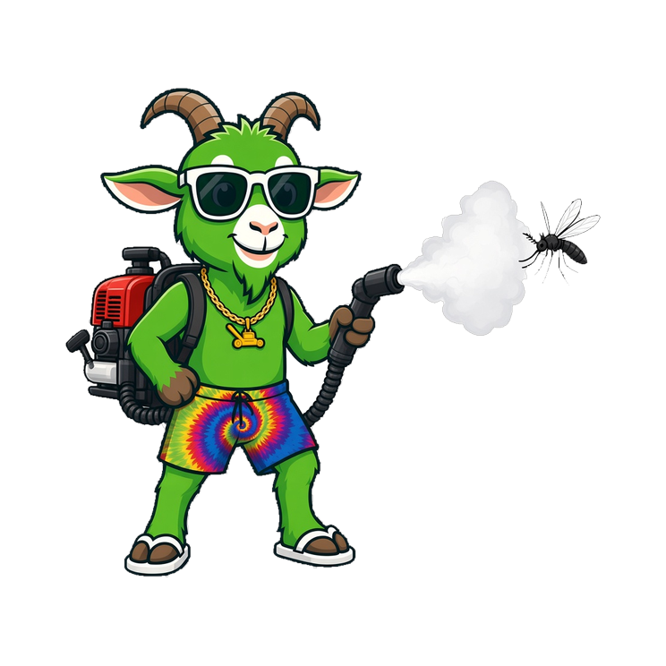 Green Goat mascot with a backpack fogger