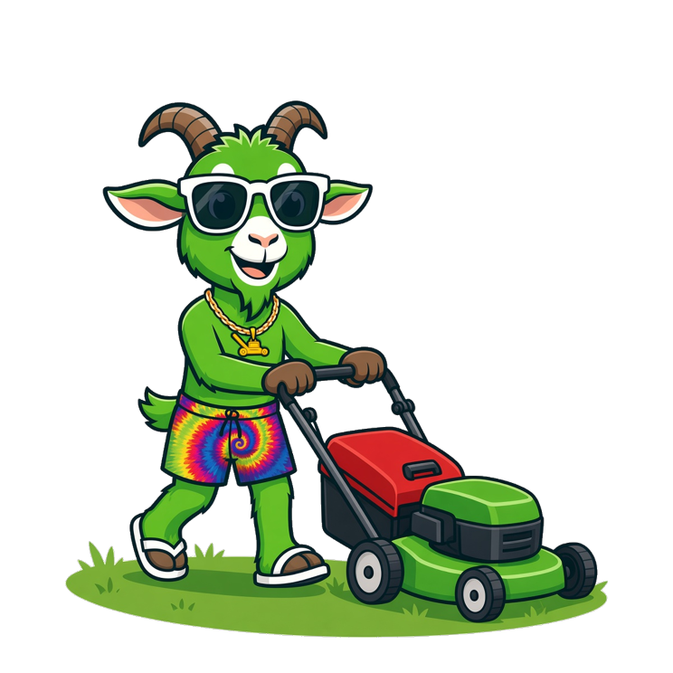 Green Goat mascot pushing a lawn mower