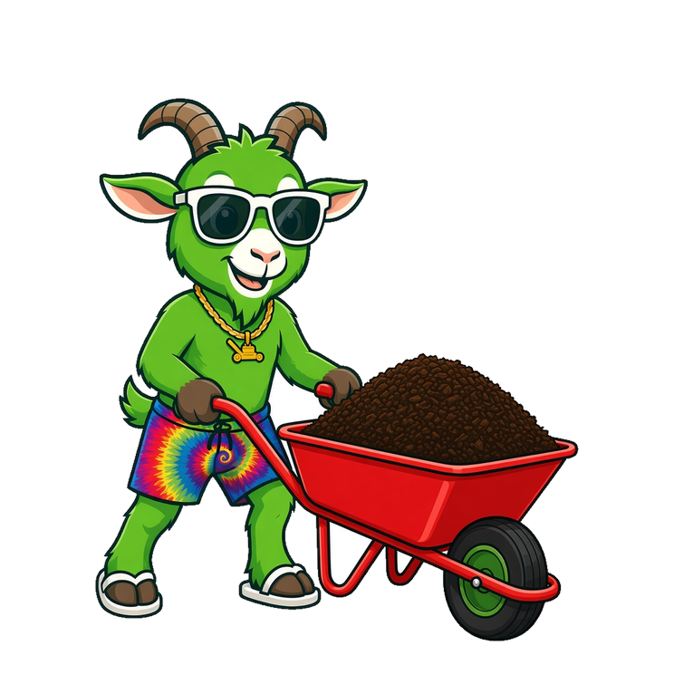 Green Goat mascot with a wheelbarrow of mulch