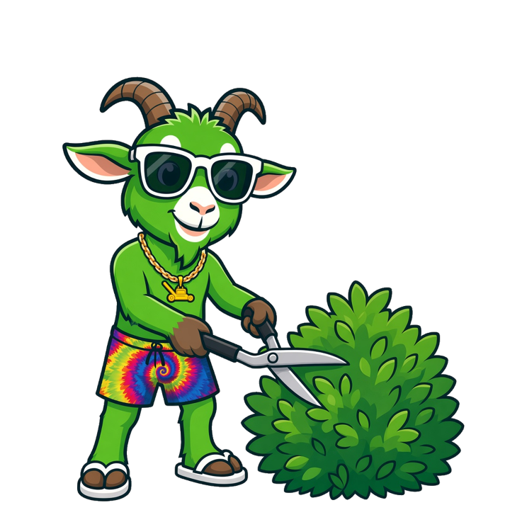 Green Goat mascot trimming a shrub